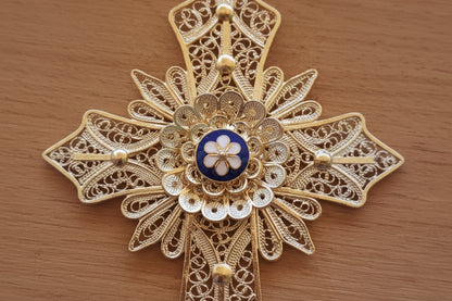 Handmade Big Cross Portuguese Filigree Gold-Vermeil Silver Pendant