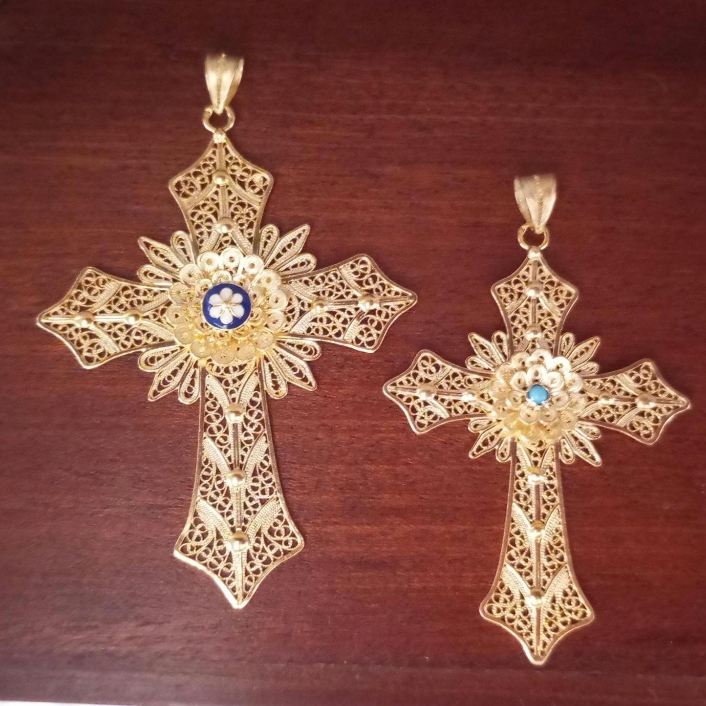 Handmade Big Cross Portuguese Filigree Gold-Vermeil Silver Pendant