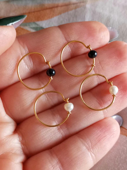 Handmade Gold-Vermeil Hoop Earrings Hematite Silver, White Pearls