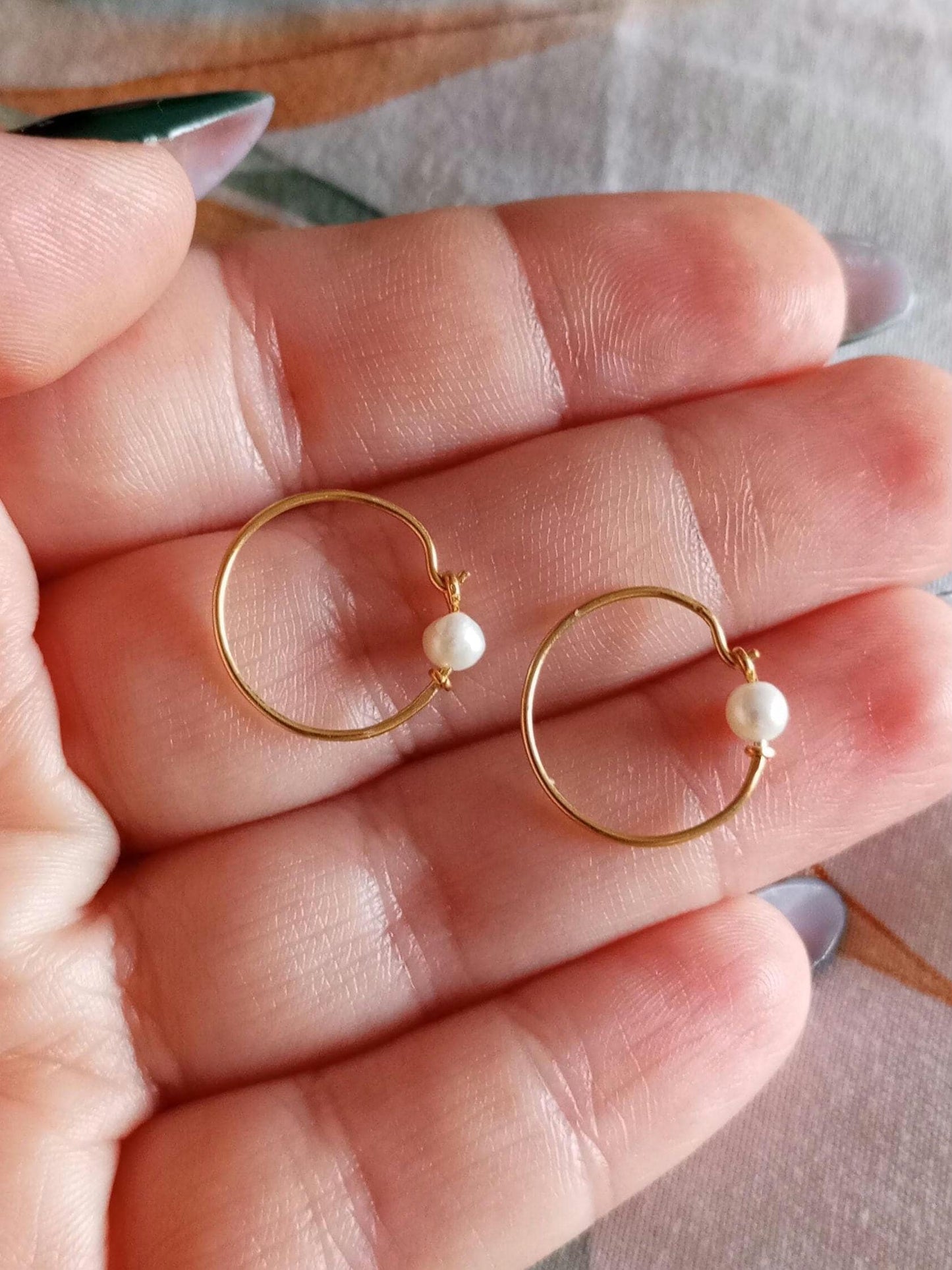 Handmade Gold-Vermeil Hoop Earrings Hematite Silver, White Pearls