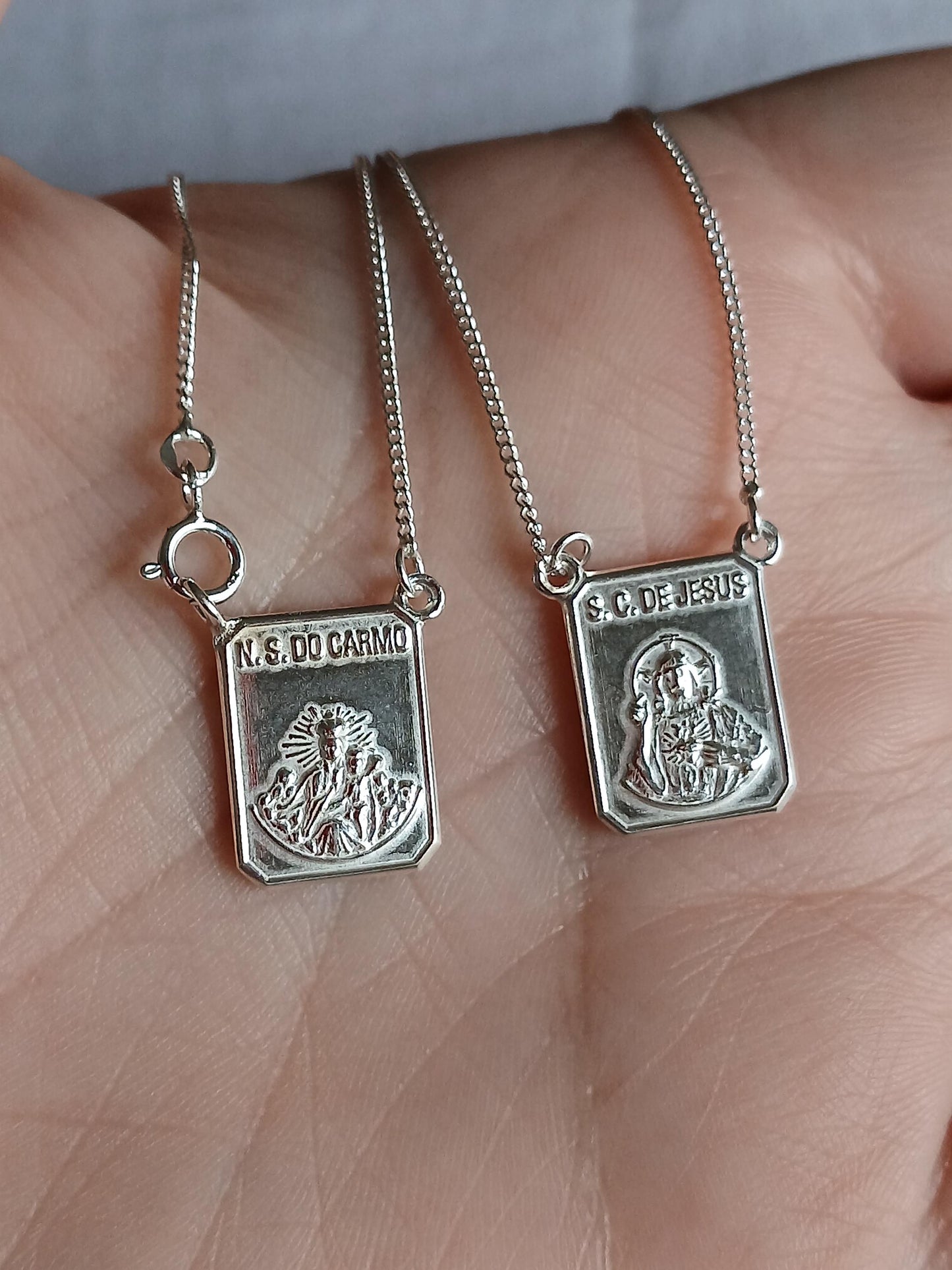 Sterling Silver Scapular Necklace  Holy Mary and Jesus Christ medals, Curb Chain