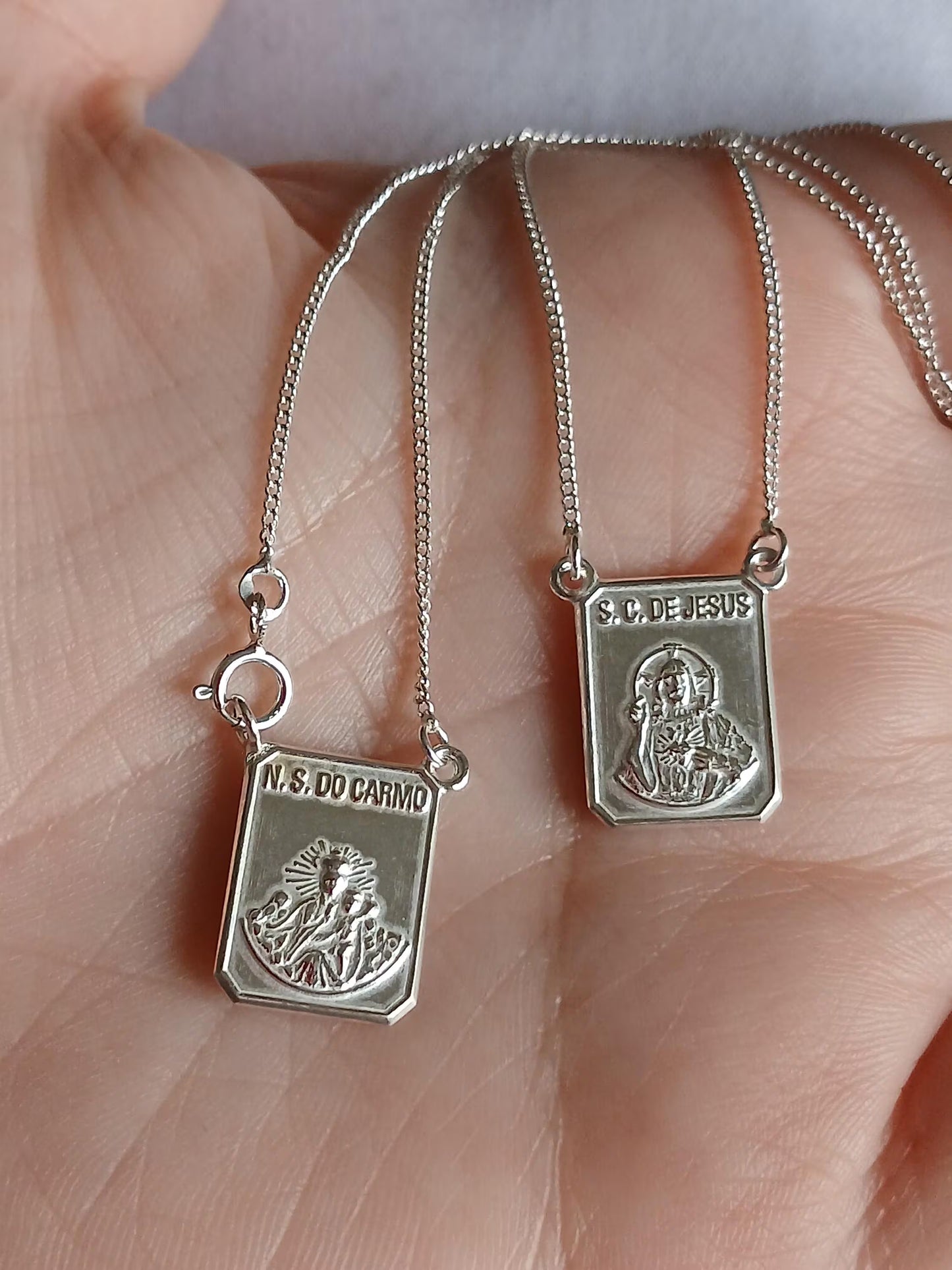 Sterling Silver Scapular Necklace  Holy Mary and Jesus Christ medals, Curb Chain