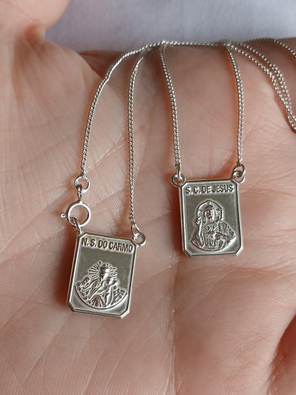 Sterling Silver Scapular Necklace  Holy Mary and Jesus Christ medals, Curb Chain