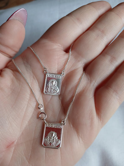 Sterling Silver Scapular Necklace  Holy Mary and Jesus Christ medals, Curb Chain