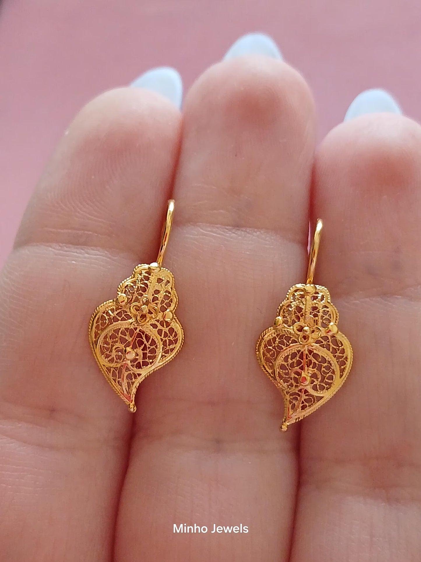 Solid 19Kt Gold Heart of Viana Earrings, Portuguese Handmade Filigree