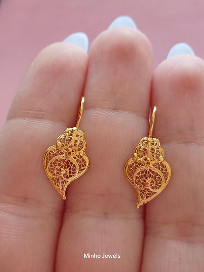 Solid 19Kt Gold Heart of Viana Earrings, Portuguese Handmade Filigree