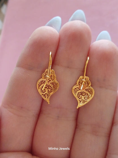 Solid 19Kt Gold Heart of Viana Earrings, Portuguese Handmade Filigree