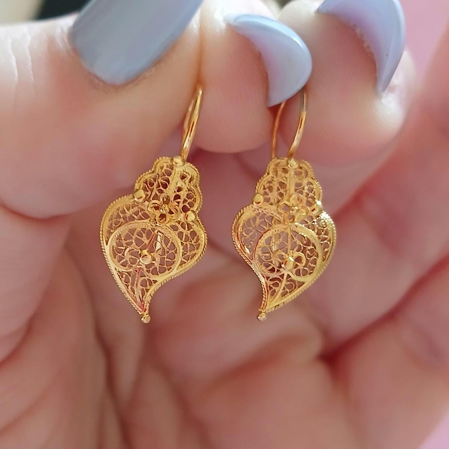 Solid 19Kt Gold Heart of Viana Earrings, Portuguese Handmade Filigree