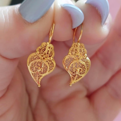 Solid 19Kt Gold Heart of Viana Earrings, Portuguese Handmade Filigree