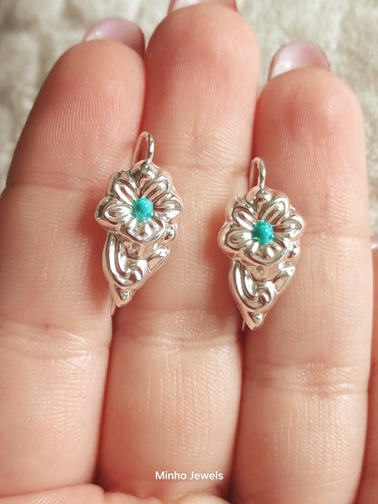 Traditional Portuguese Barroque Style Flower Hook Earrings with Turquoise, Gold Vermeil Silver