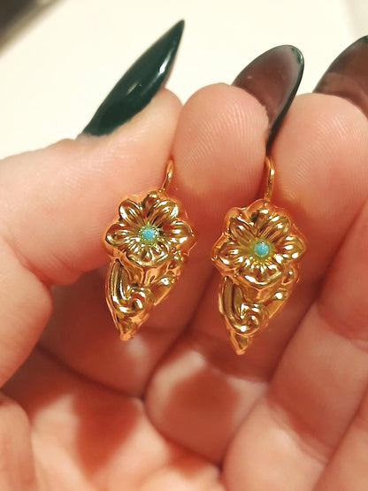 Traditional Portuguese Barroque Style Flower Hook Earrings with Turquoise, Gold Vermeil Silver