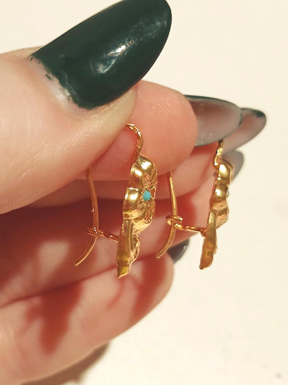 Traditional Portuguese Barroque Style Flower Hook Earrings with Turquoise, Gold Vermeil Silver