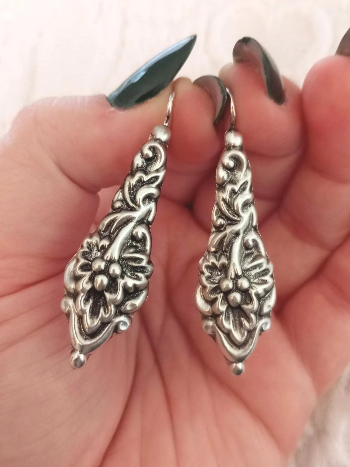 Portuguese Sterling Silver Flower Earrings, Baroque Style