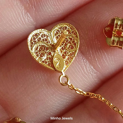 19Kt Gold Portuguese Handmade Filigree Heart Stud Earrings with Dangling Pearl
