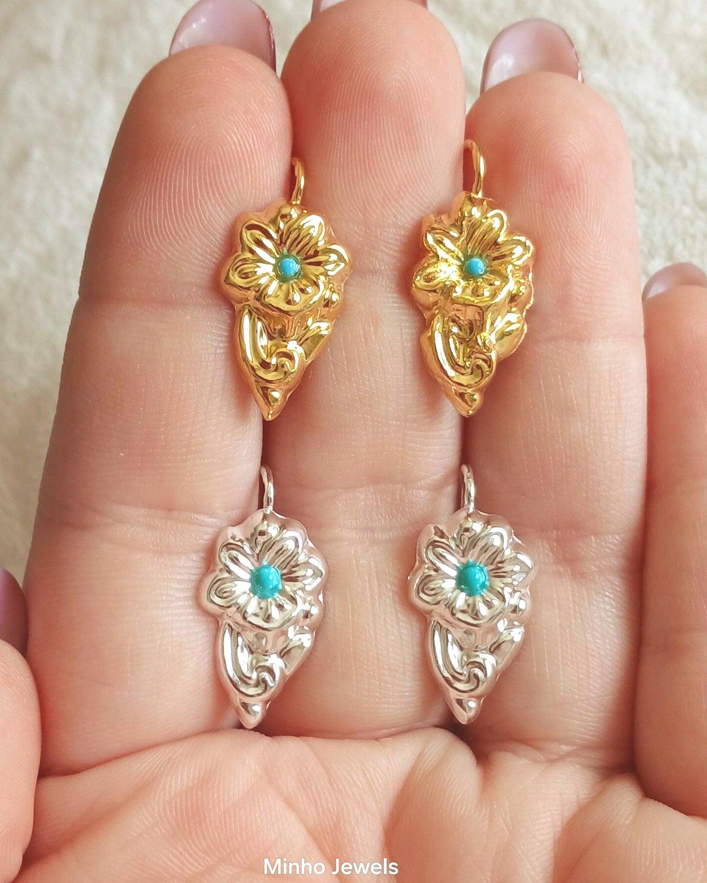 Traditional Portuguese Barroque Style Flower Hook Earrings with Turquoise, Gold Vermeil Silver