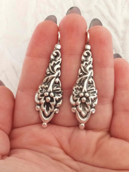 Portuguese Sterling Silver Flower Earrings, Baroque Style