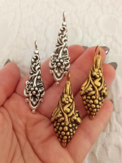 Portuguese Sterling Silver Flower Earrings, Baroque Style
