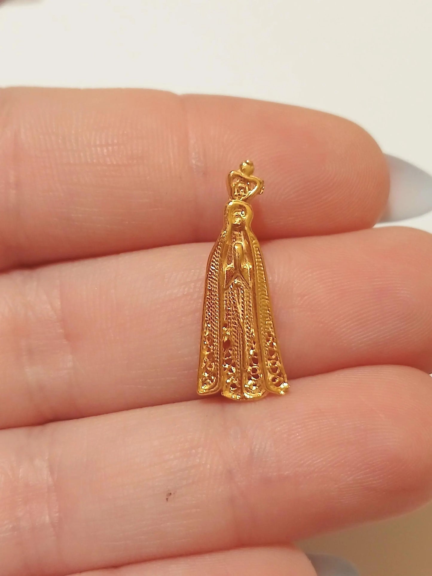 Gold-Vermeil Virgin Mary of Fatima Filigree Pendant, Religious Charm
