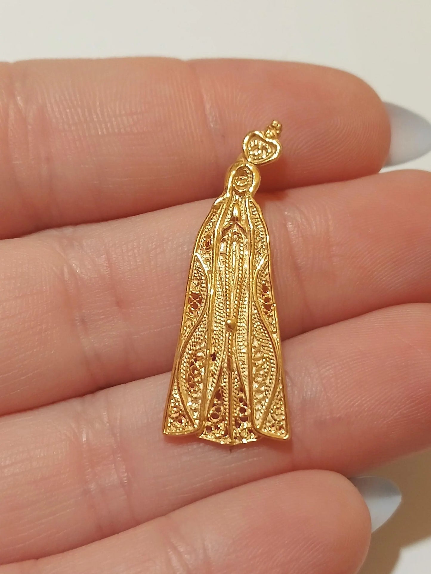 Gold-Vermeil Virgin Mary of Fatima Filigree Pendant, Religious Charm