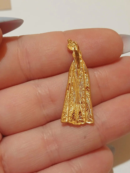 Gold-Vermeil Virgin Mary of Fatima Filigree Pendant, Religious Charm