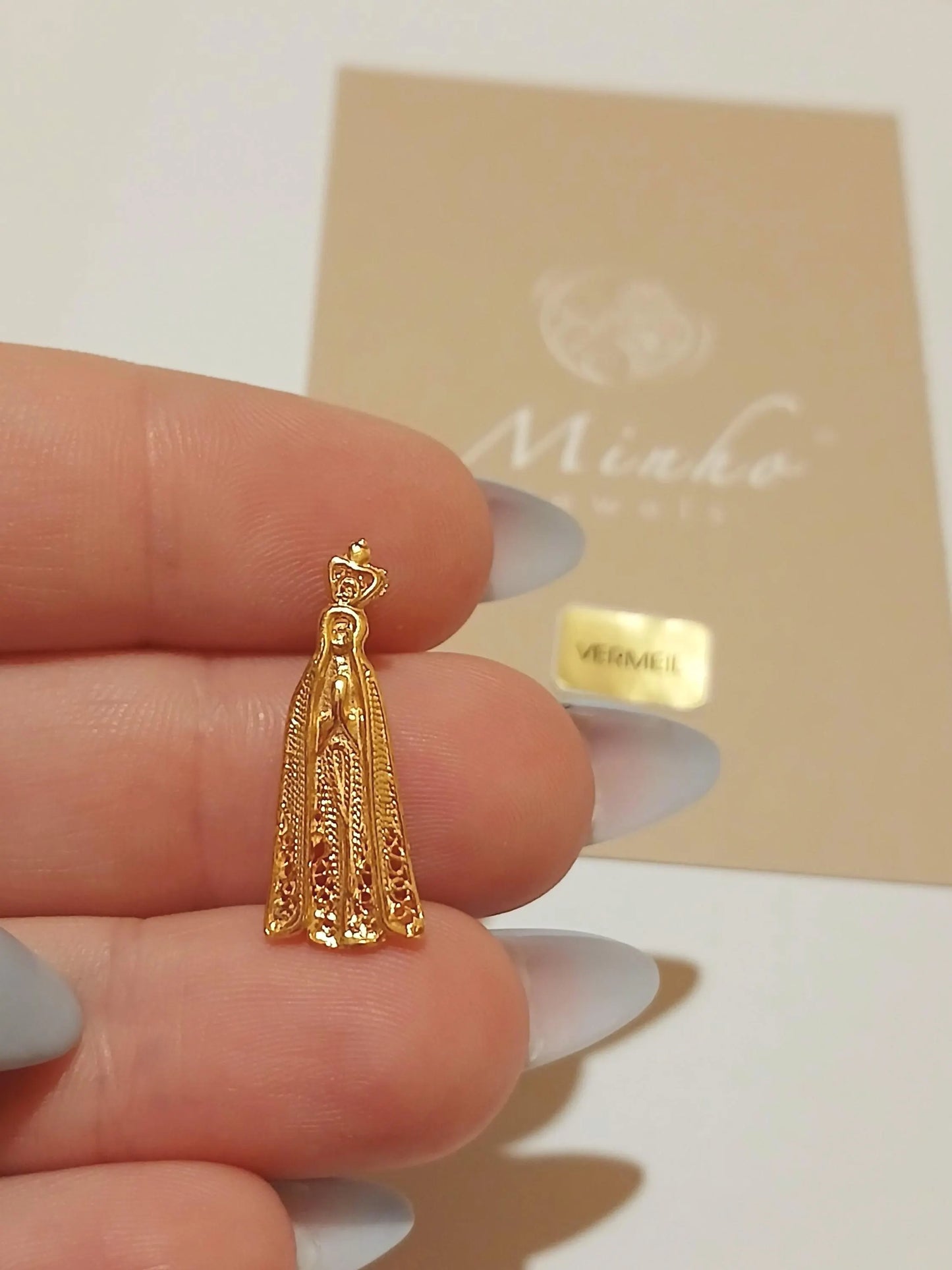 Gold-Vermeil Virgin Mary of Fatima Filigree Pendant, Religious Charm