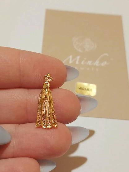 Gold-Vermeil Virgin Mary of Fatima Filigree Pendant, Religious Charm
