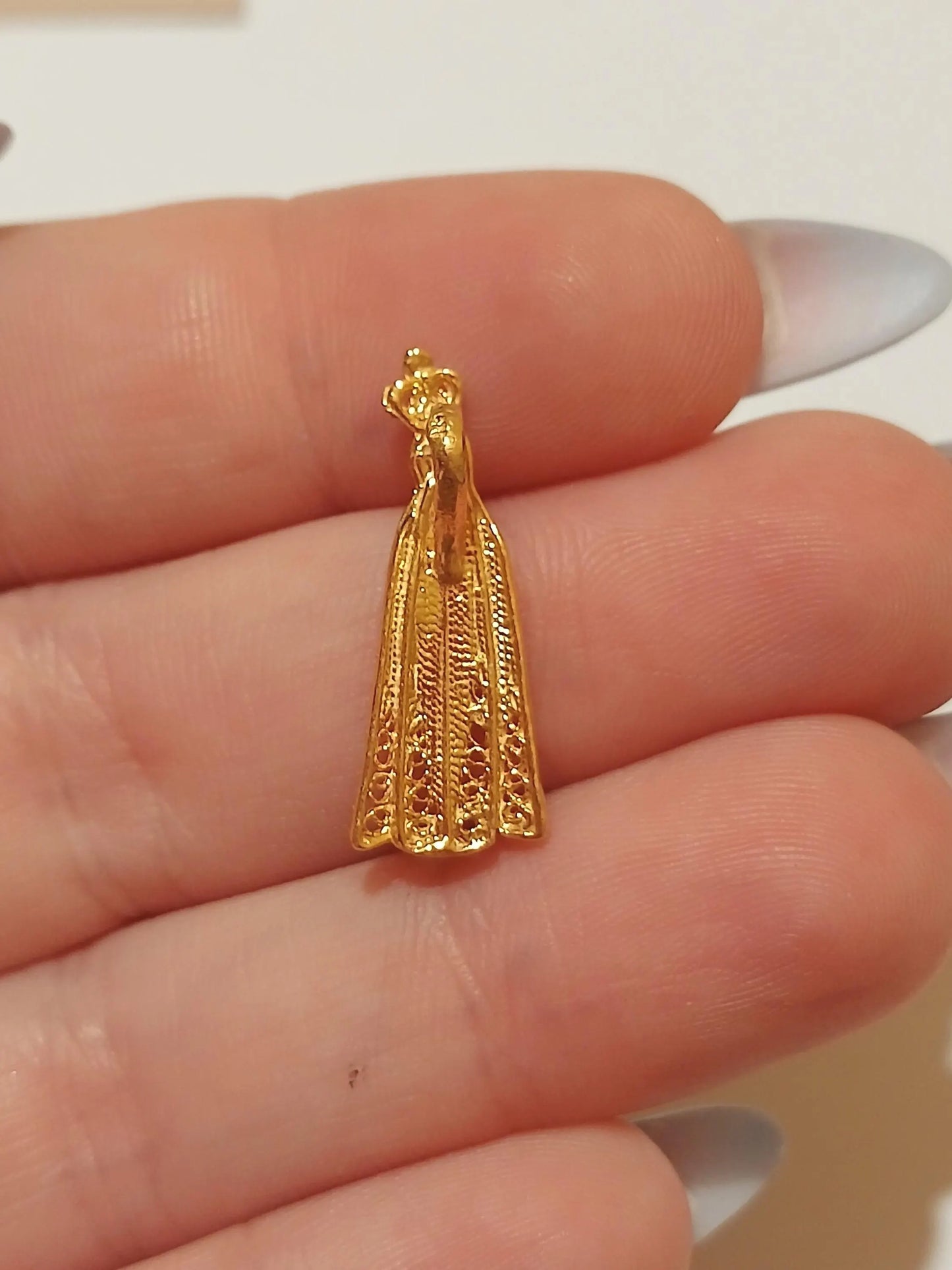 Gold-Vermeil Virgin Mary of Fatima Filigree Pendant, Religious Charm