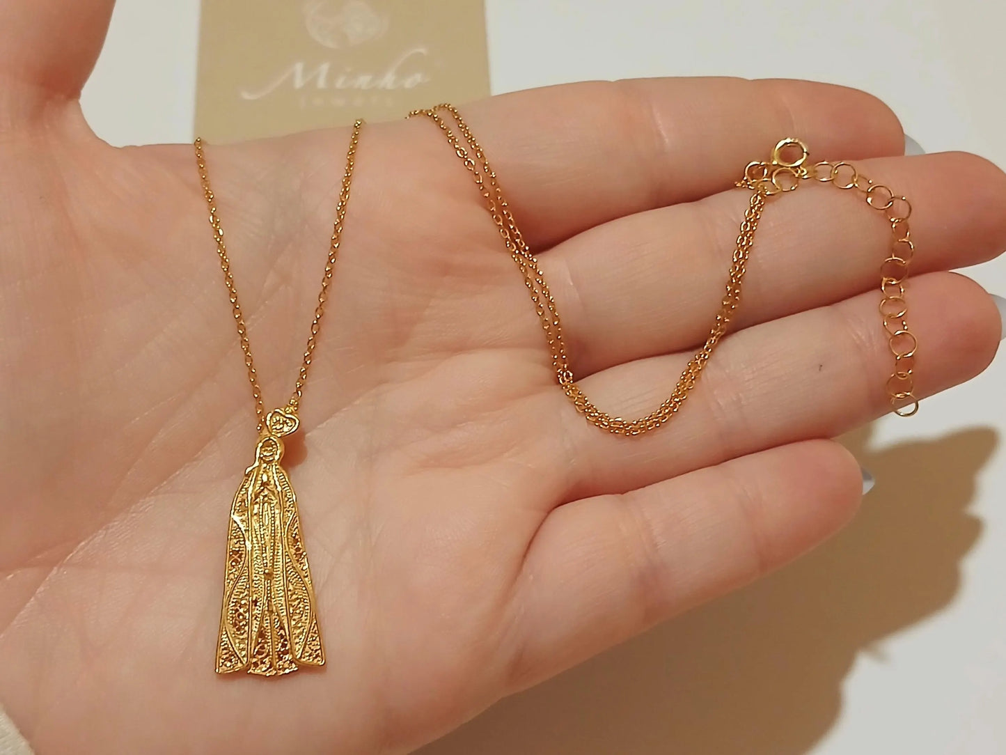 Gold-Vermeil Virgin Mary of Fatima Filigree Pendant, Religious Charm