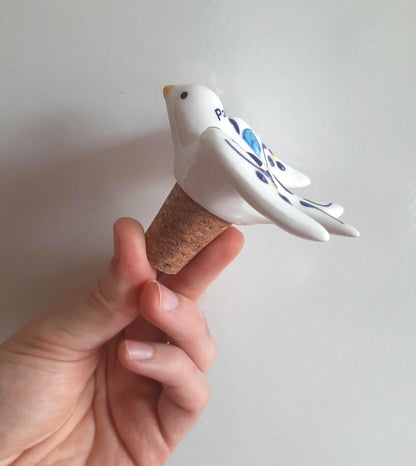 Portuguese Ceramic Swallow Wine Stopper, Hand Painted Bottle Cork