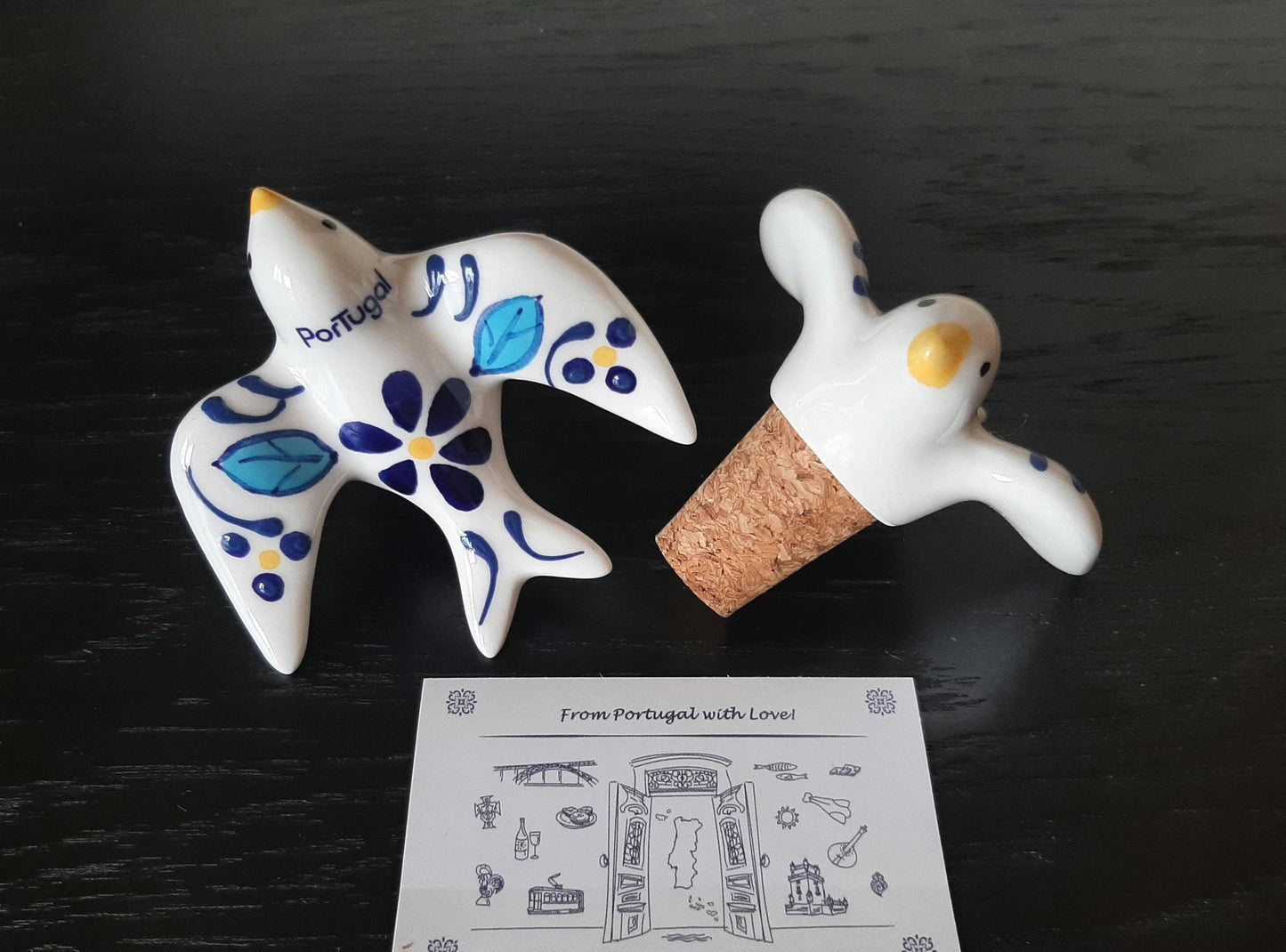 Portuguese Ceramic Swallow Wine Stopper, Hand Painted Bottle Cork