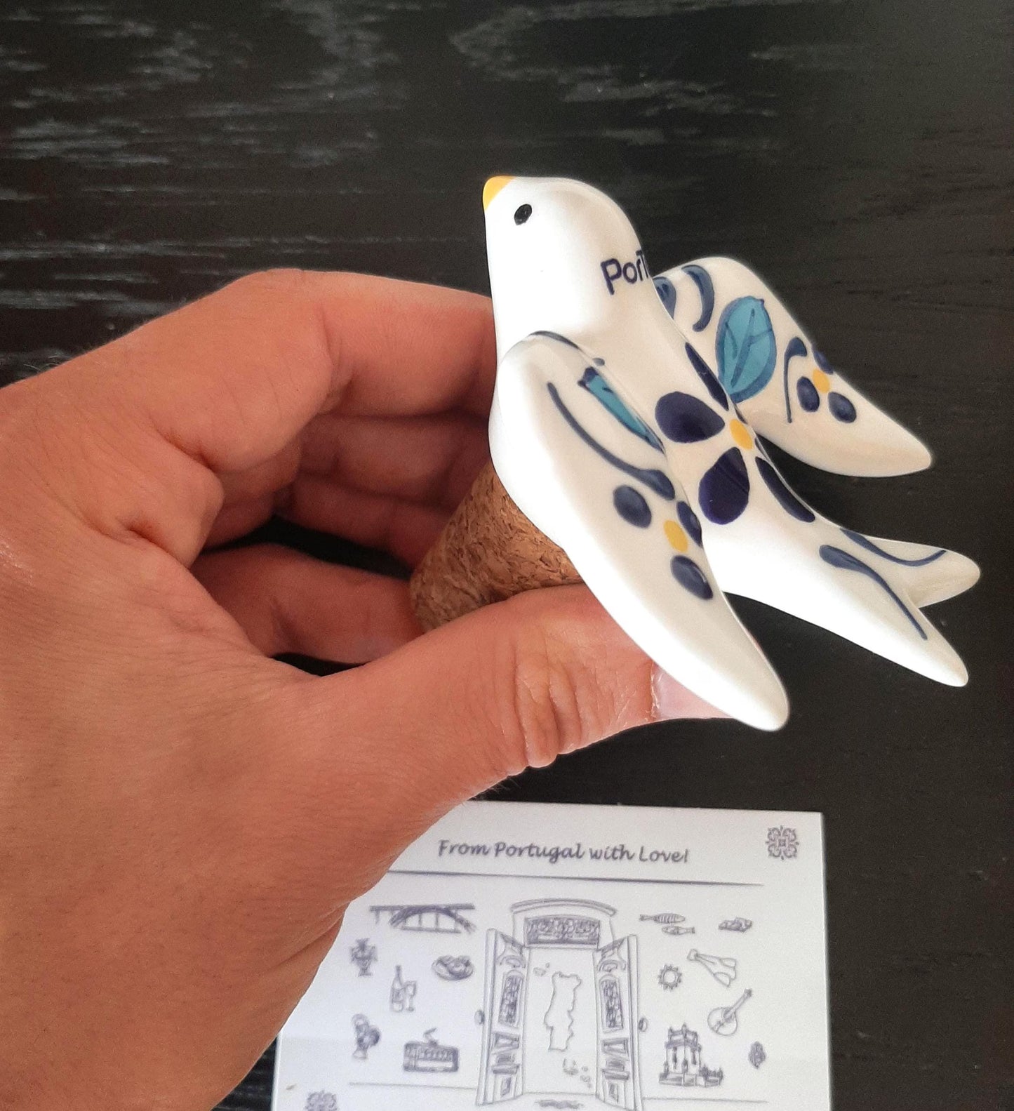 Portuguese Ceramic Swallow Wine Stopper, Hand Painted Bottle Cork