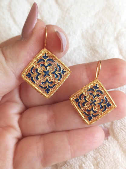 Gold-Vermeil Filigree Handpainted Enamel Tile Inspired Earrings