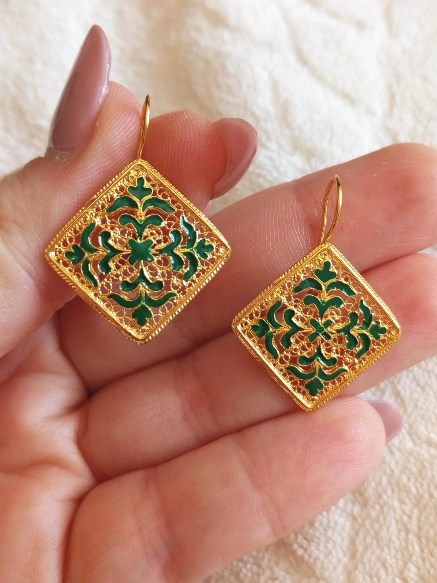 Gold-Vermeil Filigree Handpainted Enamel Tile Inspired Earrings