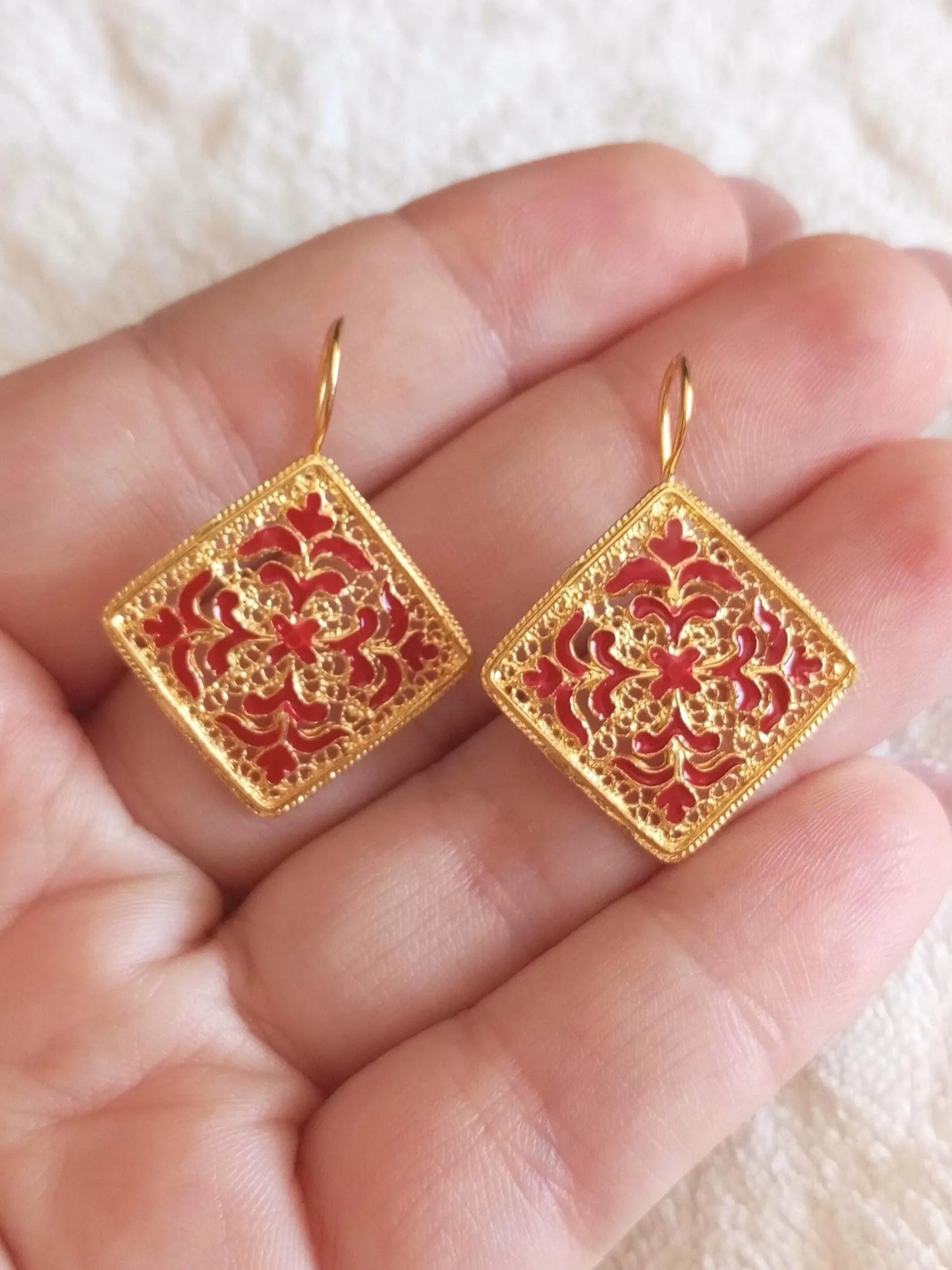 Gold-Vermeil Filigree Handpainted Enamel Tile Inspired Earrings