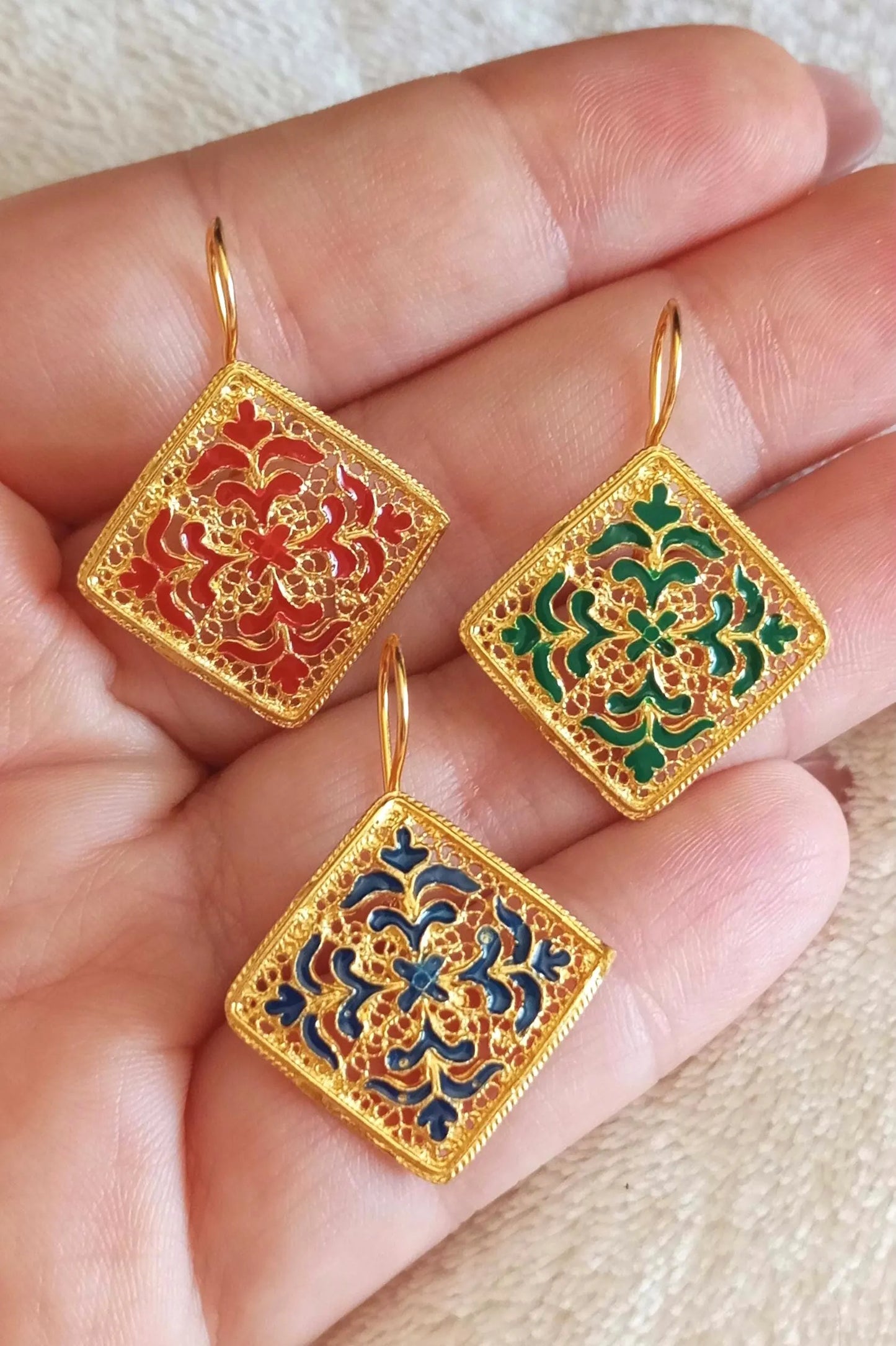Gold-Vermeil Filigree Handpainted Enamel Tile Inspired Earrings